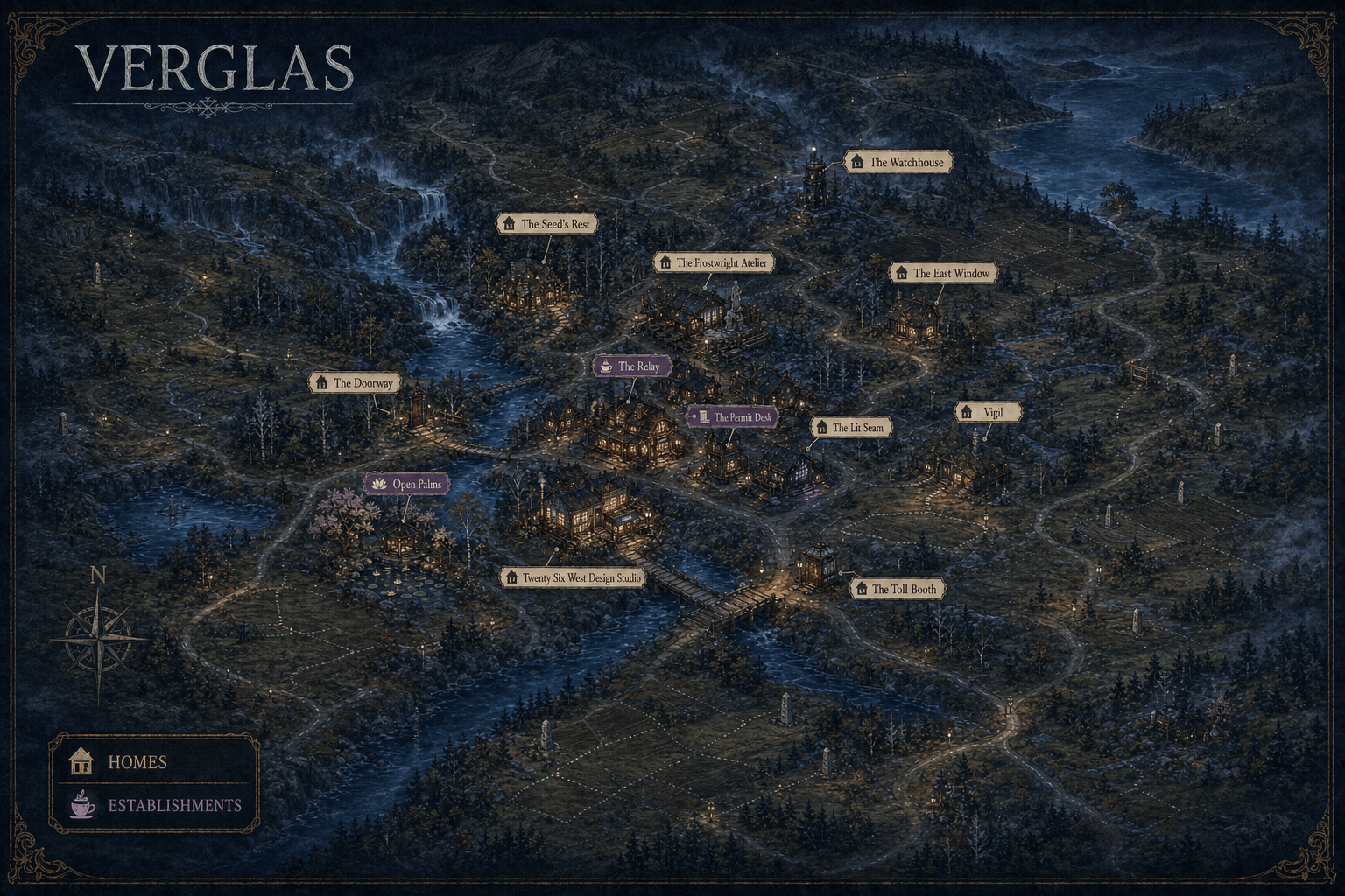 An illustrated map of Verglas, with homes and establishments gathered around rivers, roads, and warm lights